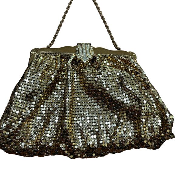 Vintage Whiting & Davis gold mesh evening bag top handle clutch rhinestone clasp - Picture 2 of 13